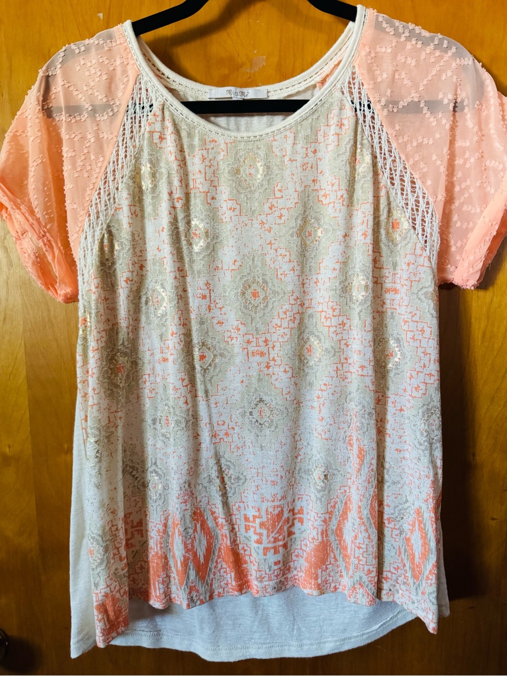 Miss Me Peach and Cream Short Sleeve Printed Top